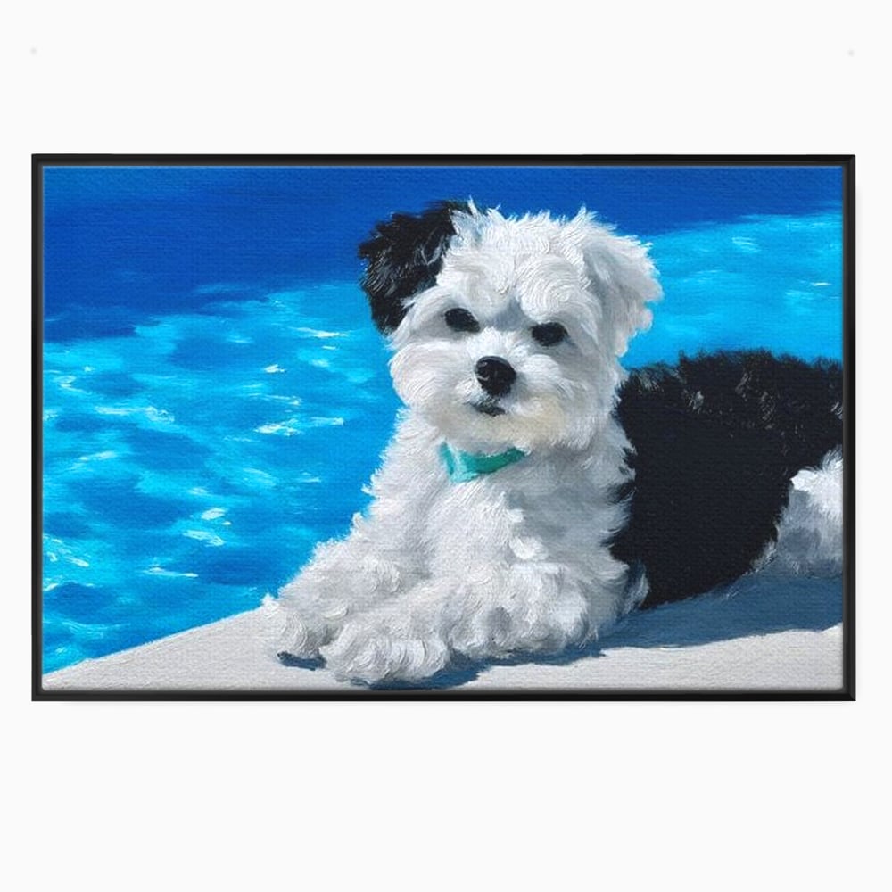 Tablou Canvas Premium, LuxCanva® M1300, Norisor Langa Apa, Bichon, Catel, Vara, Piscina, Soare, Azur, Pufos, Apa, Caldura, Adorabil, Vacanta, Birou, Living, Camera Copil