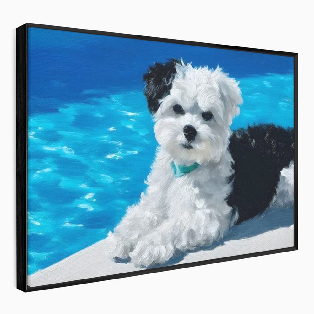 Tablou Canvas Premium, LuxCanva® M1300, Norisor Langa Apa, Bichon, Catel, Vara, Piscina, Soare, Azur, Pufos, Apa, Caldura, Adorabil, Vacanta, Birou, Living, Camera Copil