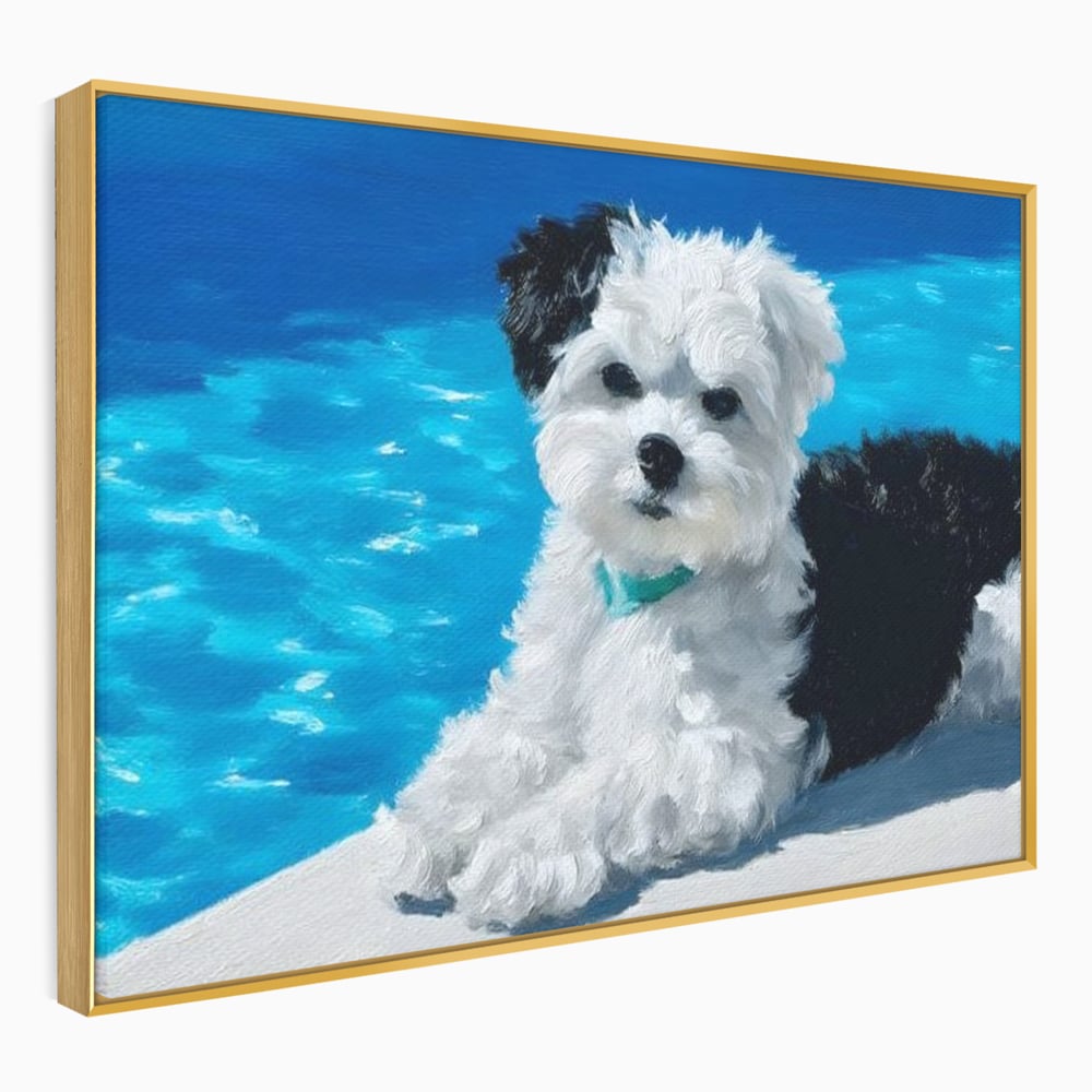 Tablou Canvas Premium, LuxCanva® M1300, Norisor Langa Apa, Bichon, Catel, Vara, Piscina, Soare, Azur, Pufos, Apa, Caldura, Adorabil, Vacanta, Birou, Living, Camera Copil