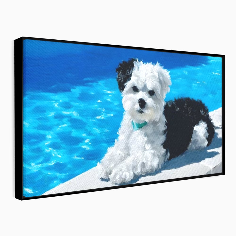 Tablou Canvas Premium, LuxCanva® M1300, Norisor Langa Apa, Bichon, Catel, Vara, Piscina, Soare, Azur, Pufos, Apa, Caldura, Adorabil, Vacanta, Birou, Living, Camera Copil