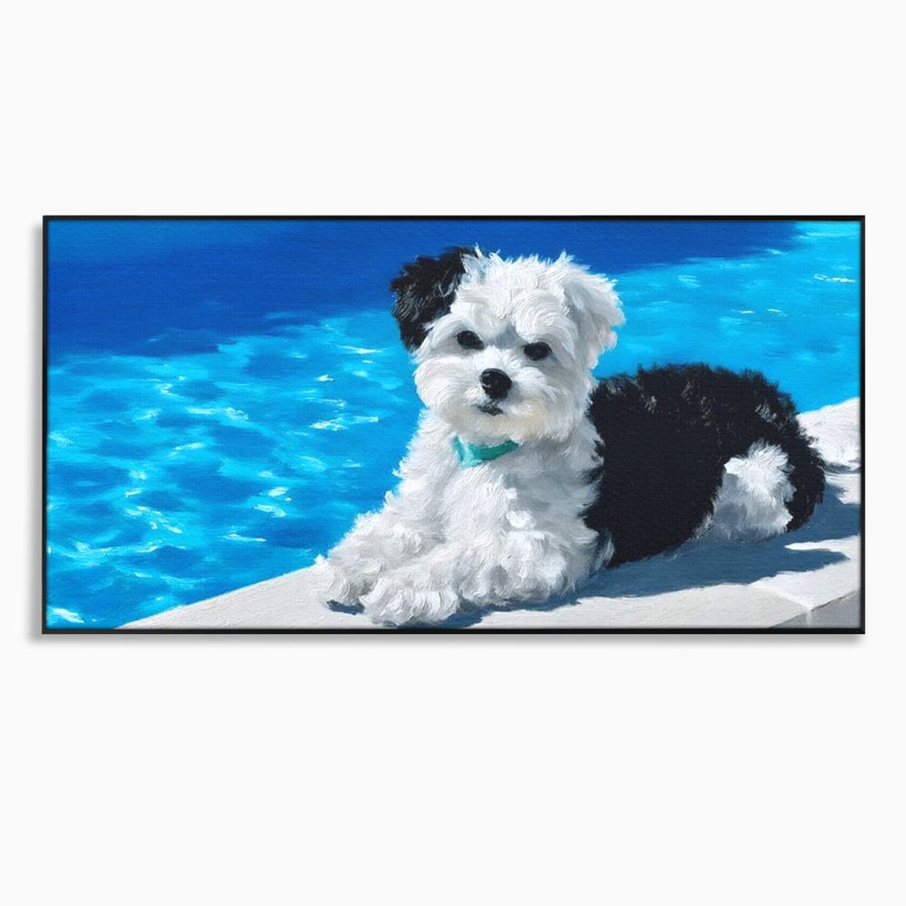 Tablou Canvas Premium, LuxCanva® M1300, Norisor Langa Apa, Bichon, Catel, Vara, Piscina, Soare, Azur, Pufos, Apa, Caldura, Adorabil, Vacanta, Birou, Living, Camera Copil