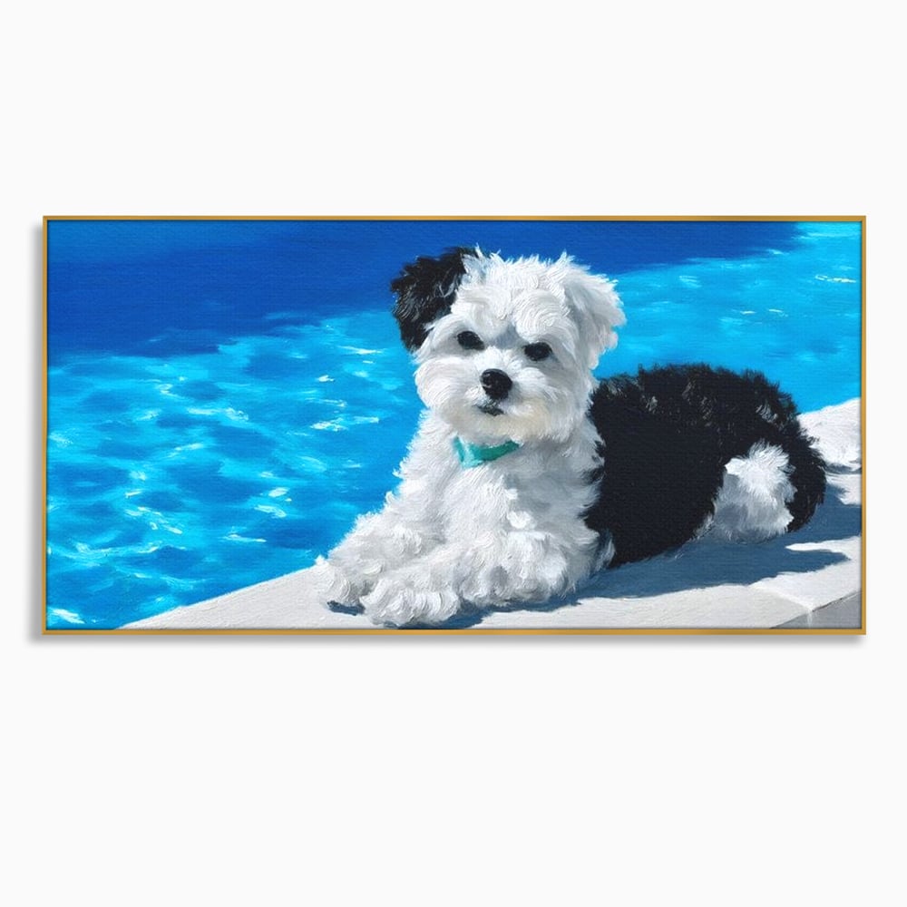 Tablou Canvas Premium, LuxCanva® M1300, Norisor Langa Apa, Bichon, Catel, Vara, Piscina, Soare, Azur, Pufos, Apa, Caldura, Adorabil, Vacanta, Birou, Living, Camera Copil