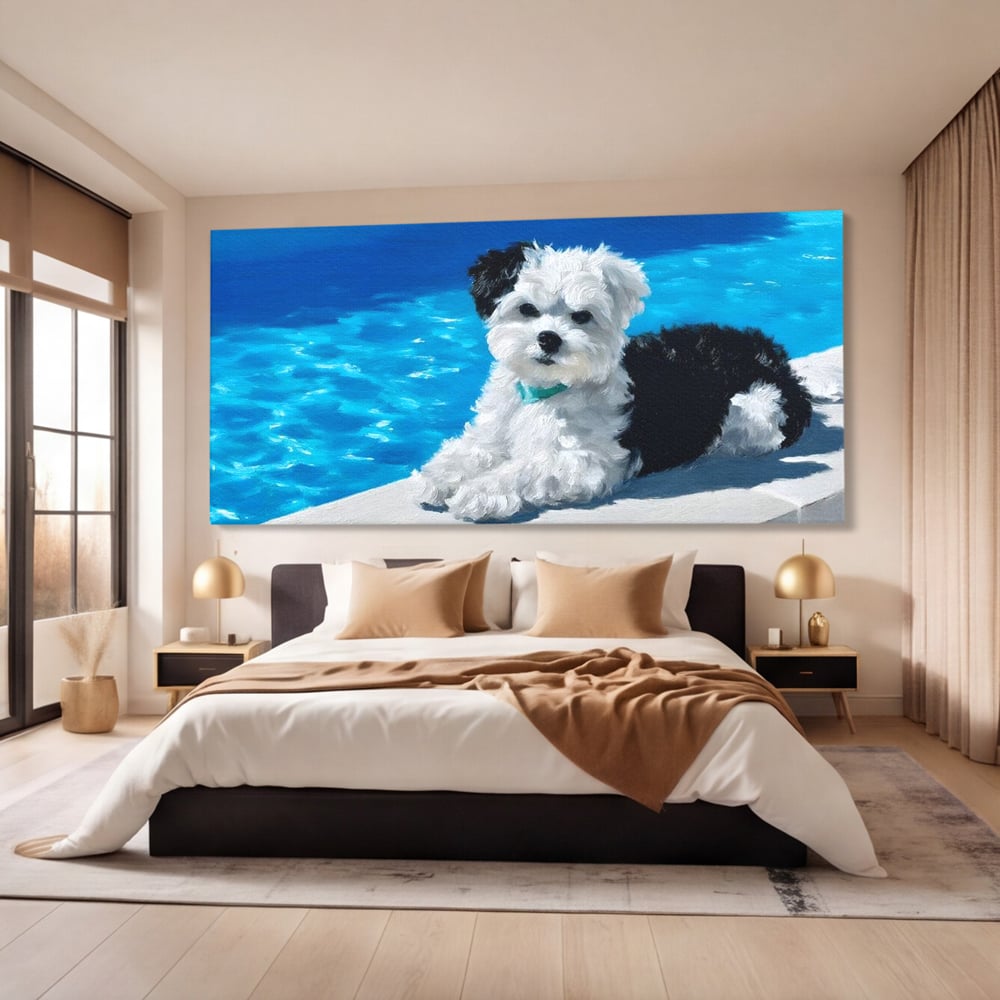 Tablou Canvas Premium, LuxCanva® M1300, Norisor Langa Apa, Bichon, Catel, Vara, Piscina, Soare, Azur, Pufos, Apa, Caldura, Adorabil, Vacanta, Birou, Living, Camera Copil