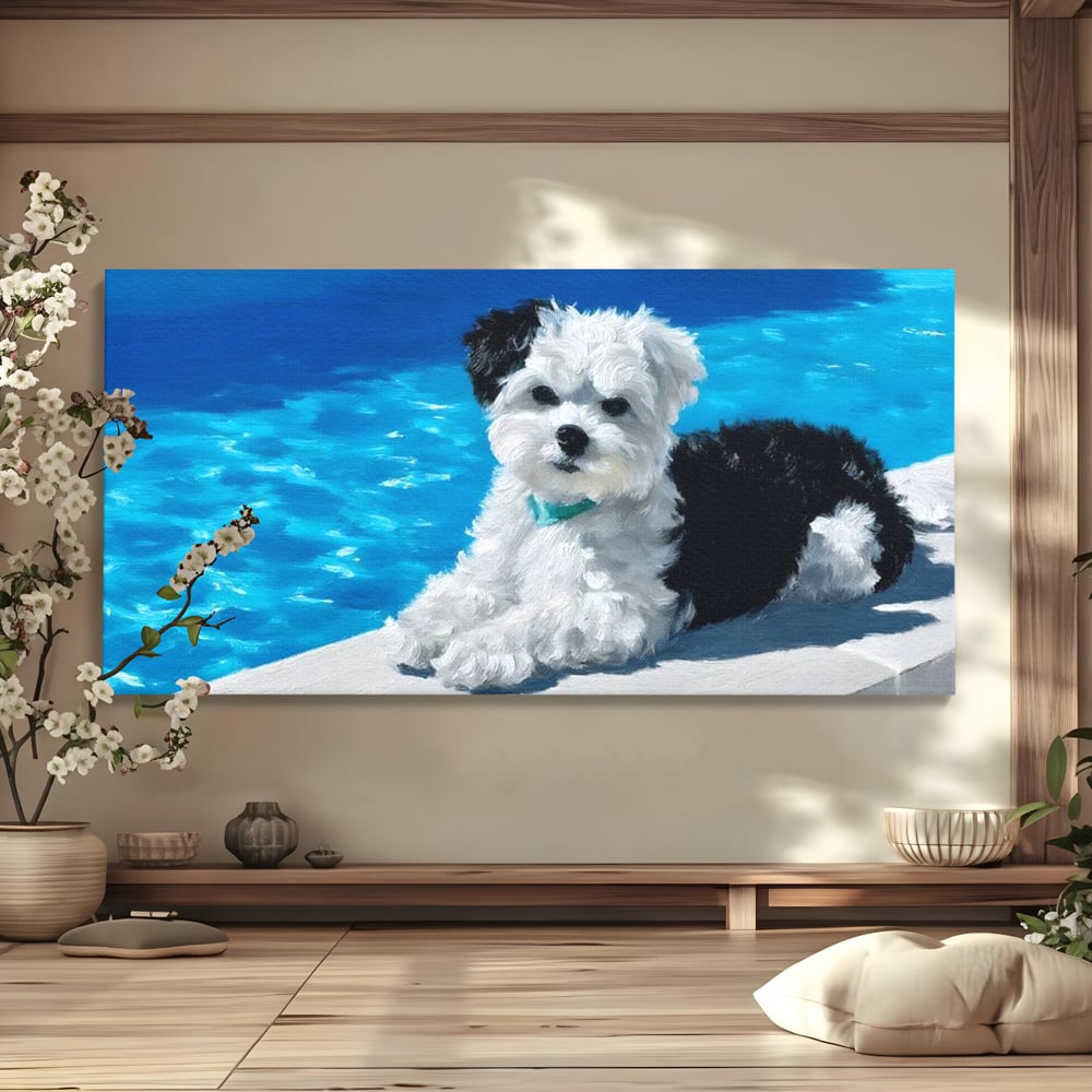 Tablou Canvas Premium, LuxCanva® M1300, Norisor Langa Apa, Bichon, Catel, Vara, Piscina, Soare, Azur, Pufos, Apa, Caldura, Adorabil, Vacanta, Birou, Living, Camera Copil