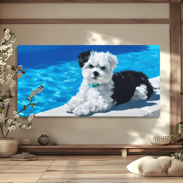 Tablou Canvas Premium, LuxCanva® M1300, Norisor Langa Apa, Bichon, Catel, Vara, Piscina, Soare, Azur, Pufos, Apa, Caldura, Adorabil, Vacanta, Birou, Living, Camera Copil