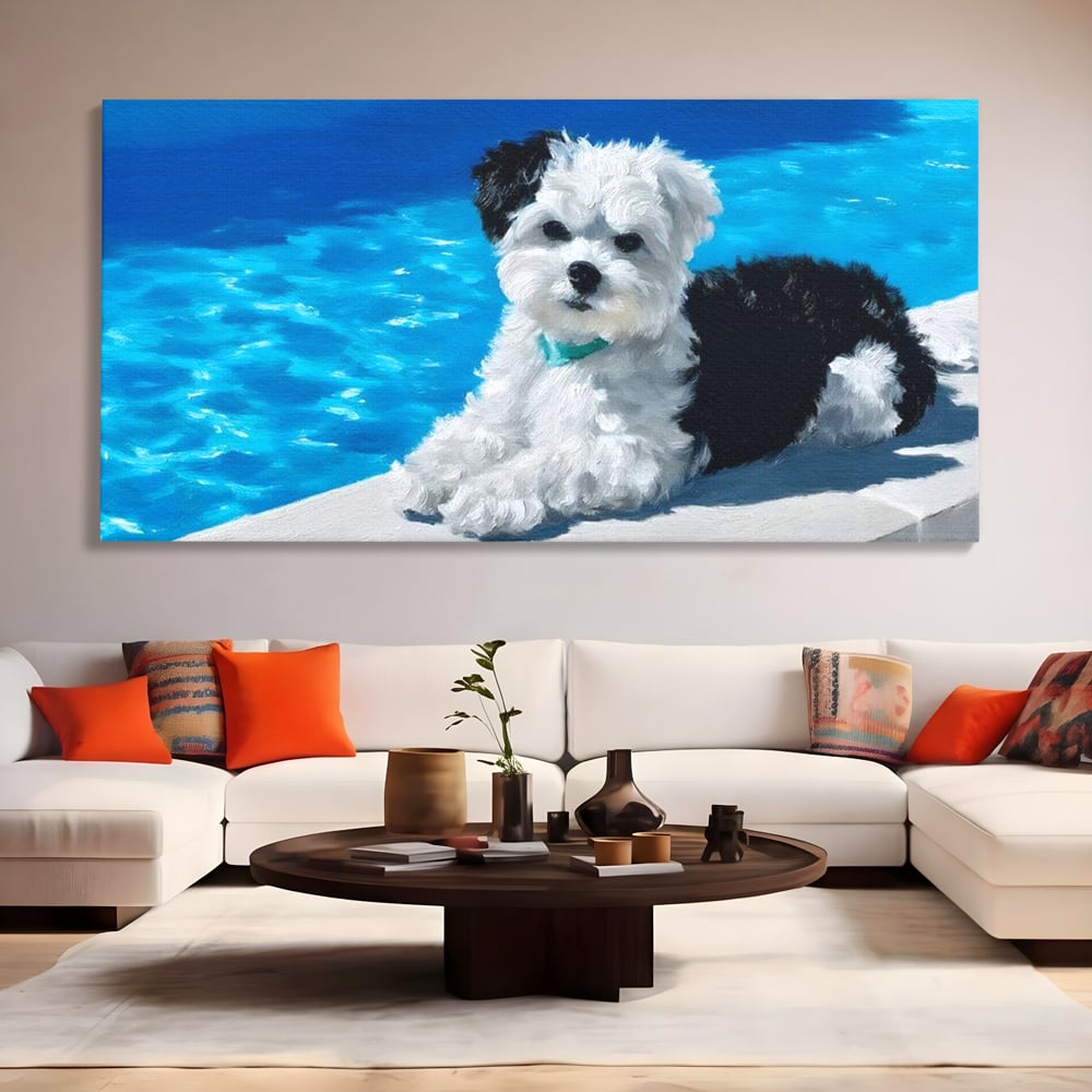 Tablou Canvas Premium, LuxCanva® M1300, Norisor Langa Apa, Bichon, Catel, Vara, Piscina, Soare, Azur, Pufos, Apa, Caldura, Adorabil, Vacanta, Birou, Living, Camera Copil