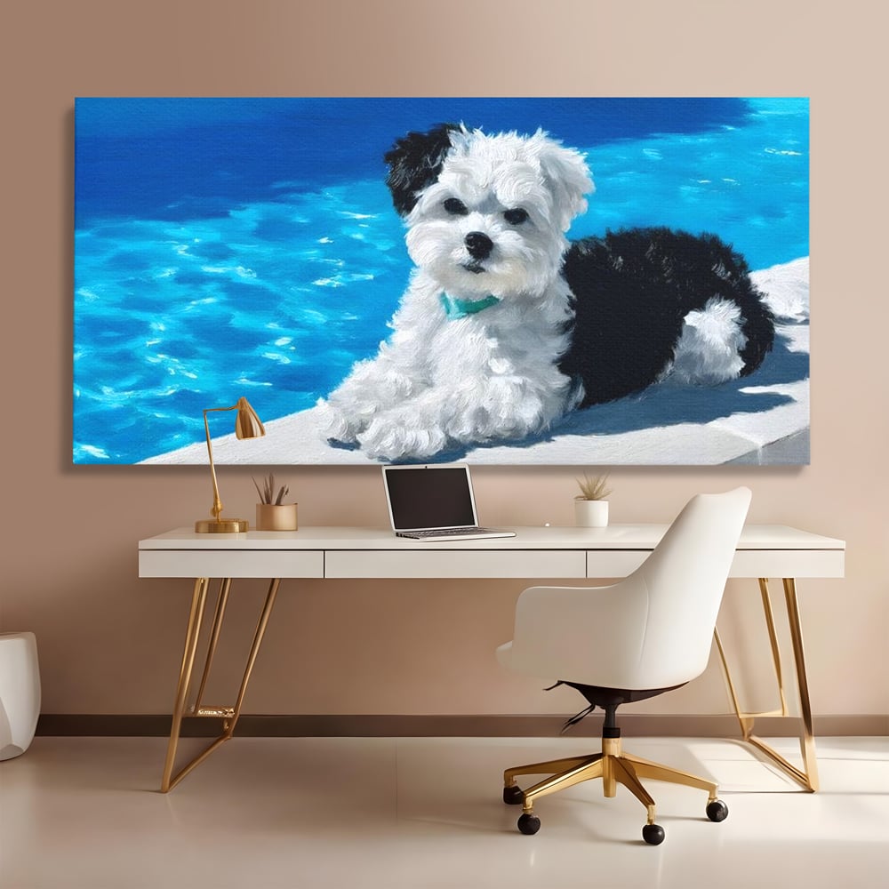 Tablou Canvas Premium, LuxCanva® M1300, Norisor Langa Apa, Bichon, Catel, Vara, Piscina, Soare, Azur, Pufos, Apa, Caldura, Adorabil, Vacanta, Birou, Living, Camera Copil