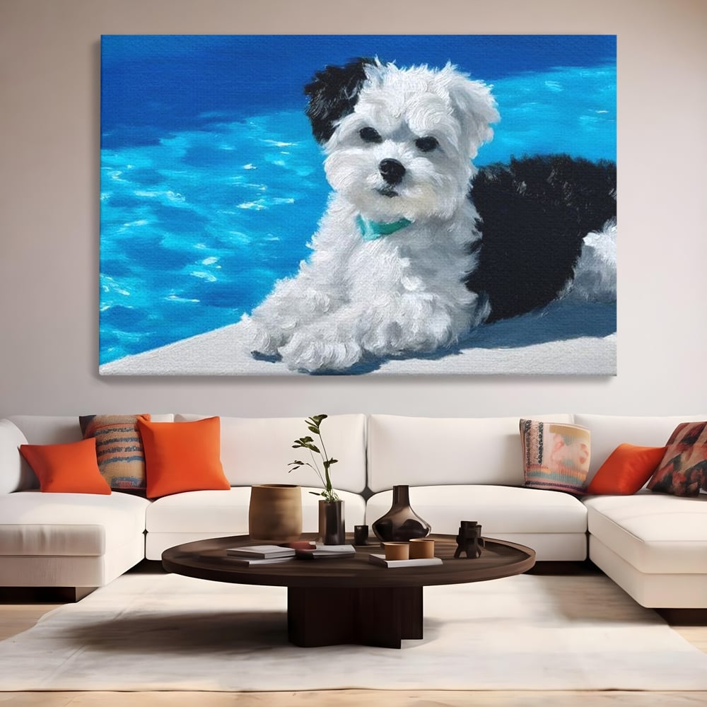 Tablou Canvas Premium, LuxCanva® M1300, Norisor Langa Apa, Bichon, Catel, Vara, Piscina, Soare, Azur, Pufos, Apa, Caldura, Adorabil, Vacanta, Birou, Living, Camera Copil
