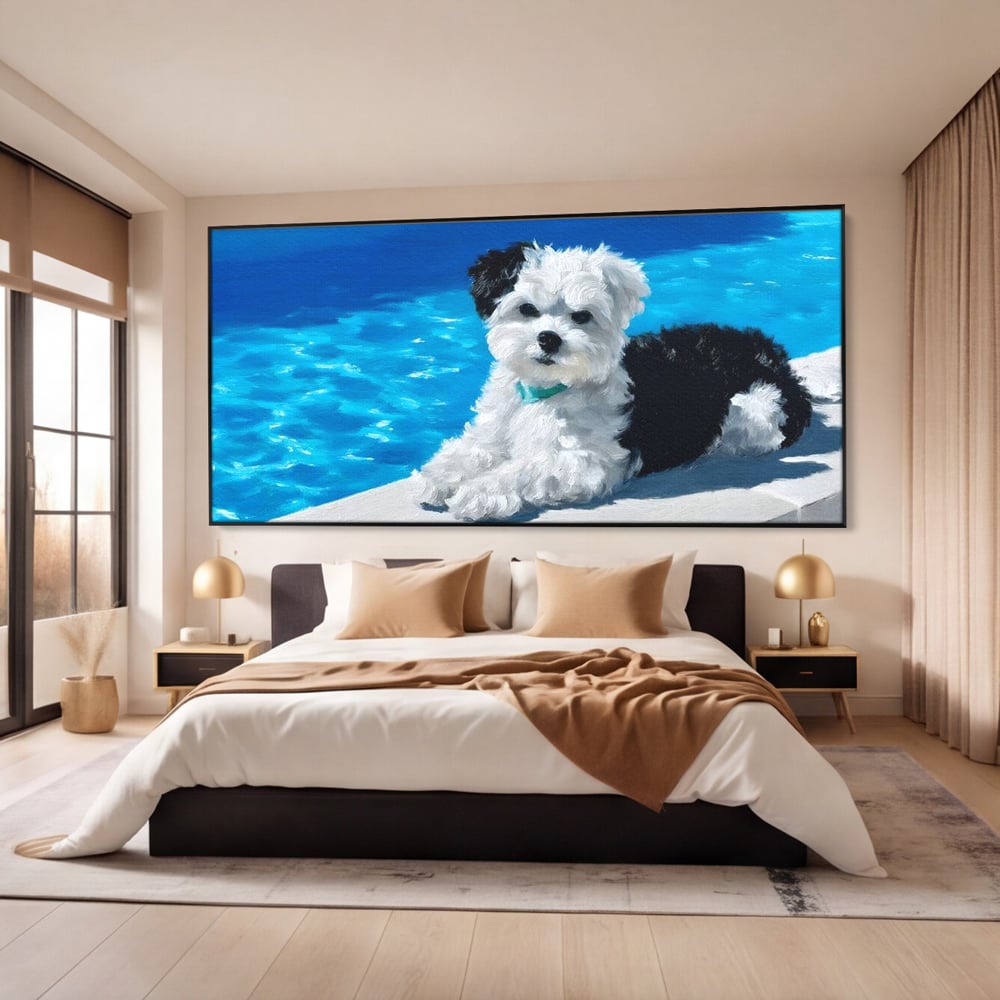 Tablou Canvas Premium, LuxCanva® M1300, Norisor Langa Apa, Bichon, Catel, Vara, Piscina, Soare, Azur, Pufos, Apa, Caldura, Adorabil, Vacanta, Birou, Living, Camera Copil