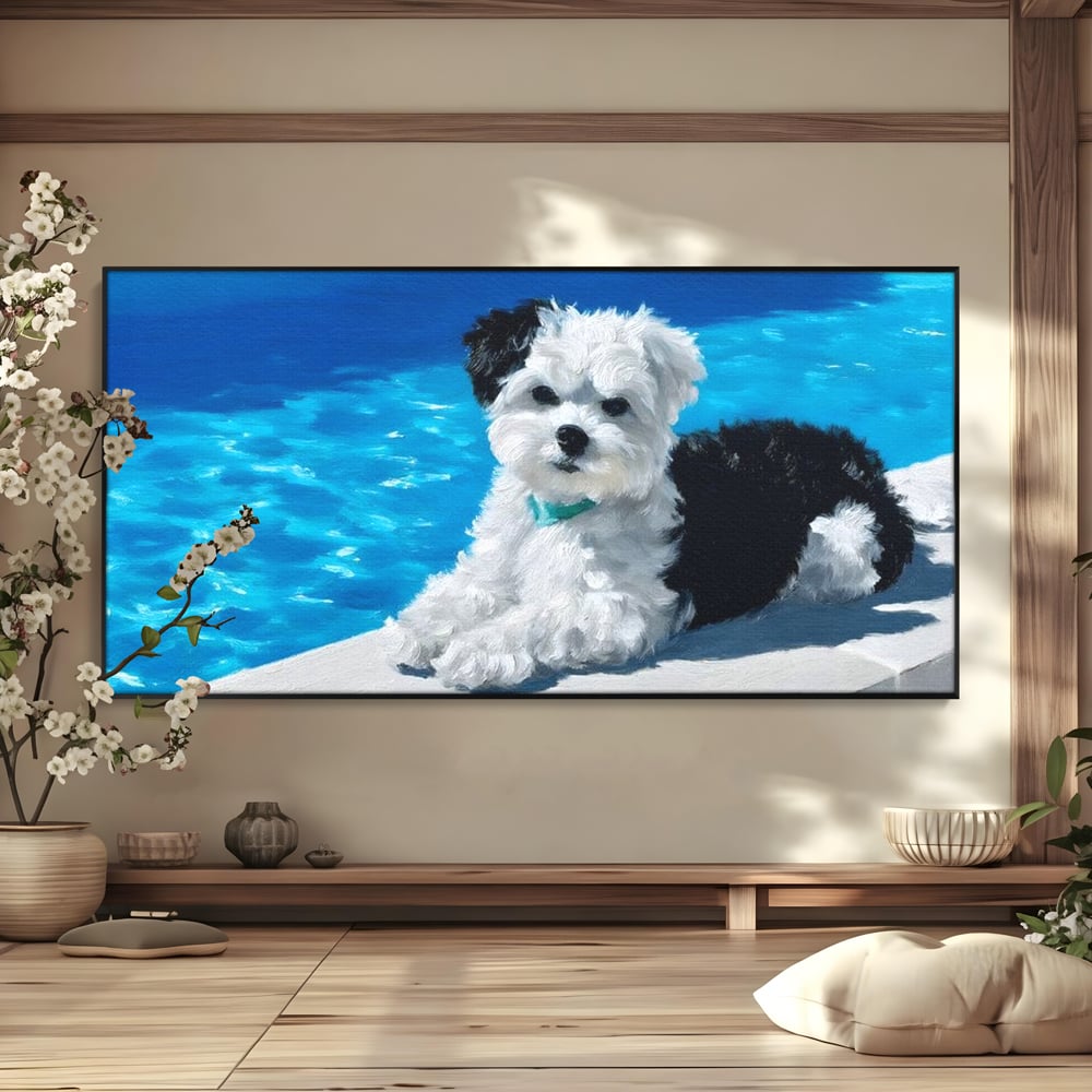 Tablou Canvas Premium, LuxCanva® M1300, Norisor Langa Apa, Bichon, Catel, Vara, Piscina, Soare, Azur, Pufos, Apa, Caldura, Adorabil, Vacanta, Birou, Living, Camera Copil