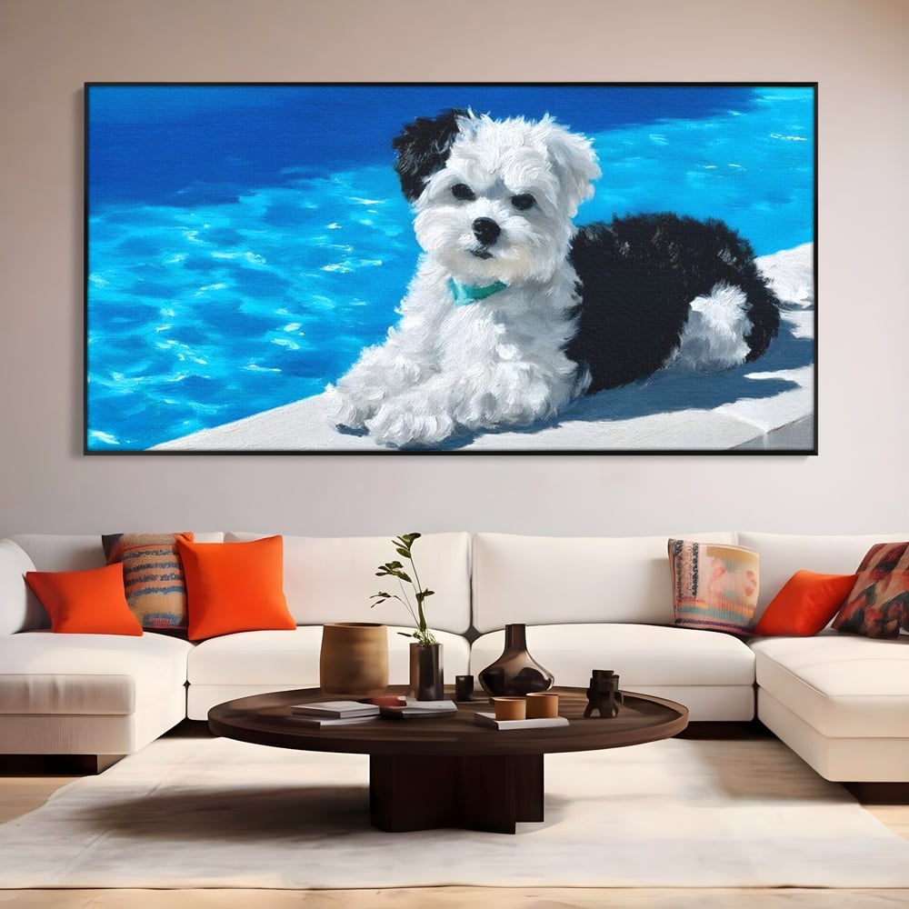 Tablou Canvas Premium, LuxCanva® M1300, Norisor Langa Apa, Bichon, Catel, Vara, Piscina, Soare, Azur, Pufos, Apa, Caldura, Adorabil, Vacanta, Birou, Living, Camera Copil