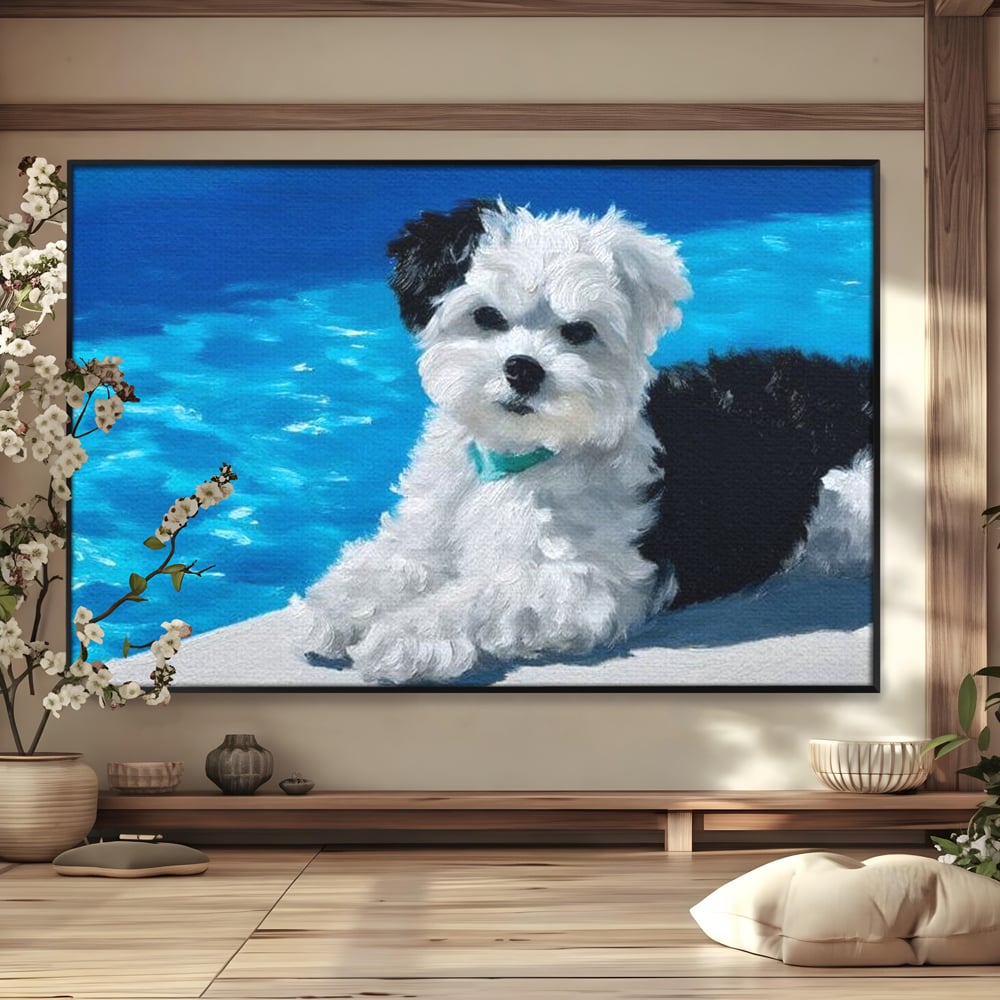 Tablou Canvas Premium, LuxCanva® M1300, Norisor Langa Apa, Bichon, Catel, Vara, Piscina, Soare, Azur, Pufos, Apa, Caldura, Adorabil, Vacanta, Birou, Living, Camera Copil