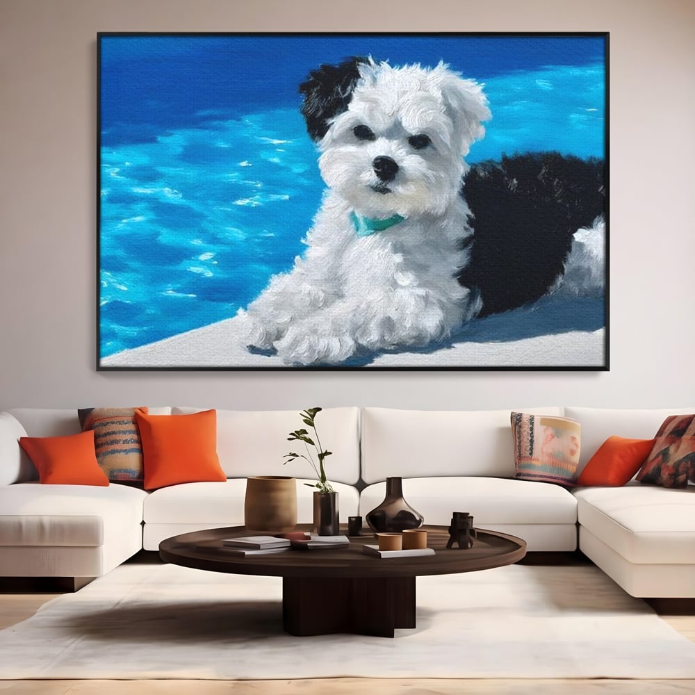 Tablou Canvas Premium, LuxCanva® M1300, Norisor Langa Apa, Bichon, Catel, Vara, Piscina, Soare, Azur, Pufos, Apa, Caldura, Adorabil, Vacanta, Birou, Living, Camera Copil
