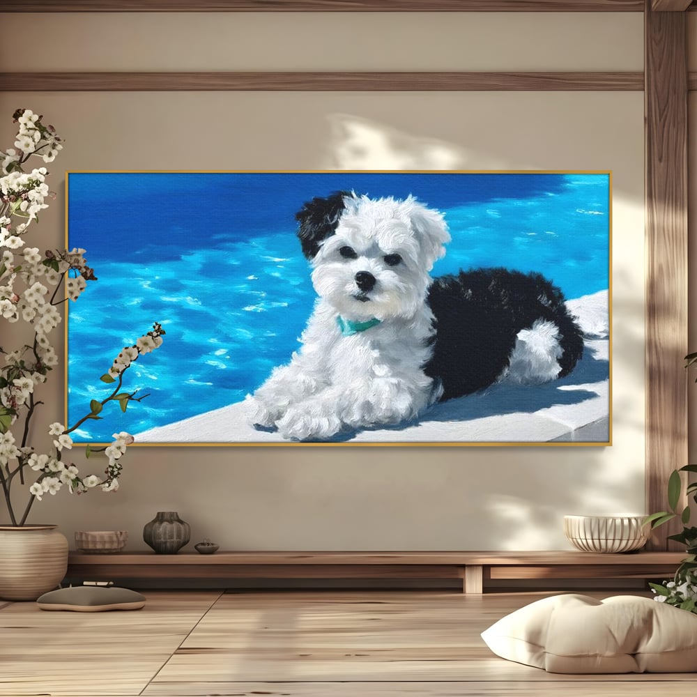 Tablou Canvas Premium, LuxCanva® M1300, Norisor Langa Apa, Bichon, Catel, Vara, Piscina, Soare, Azur, Pufos, Apa, Caldura, Adorabil, Vacanta, Birou, Living, Camera Copil