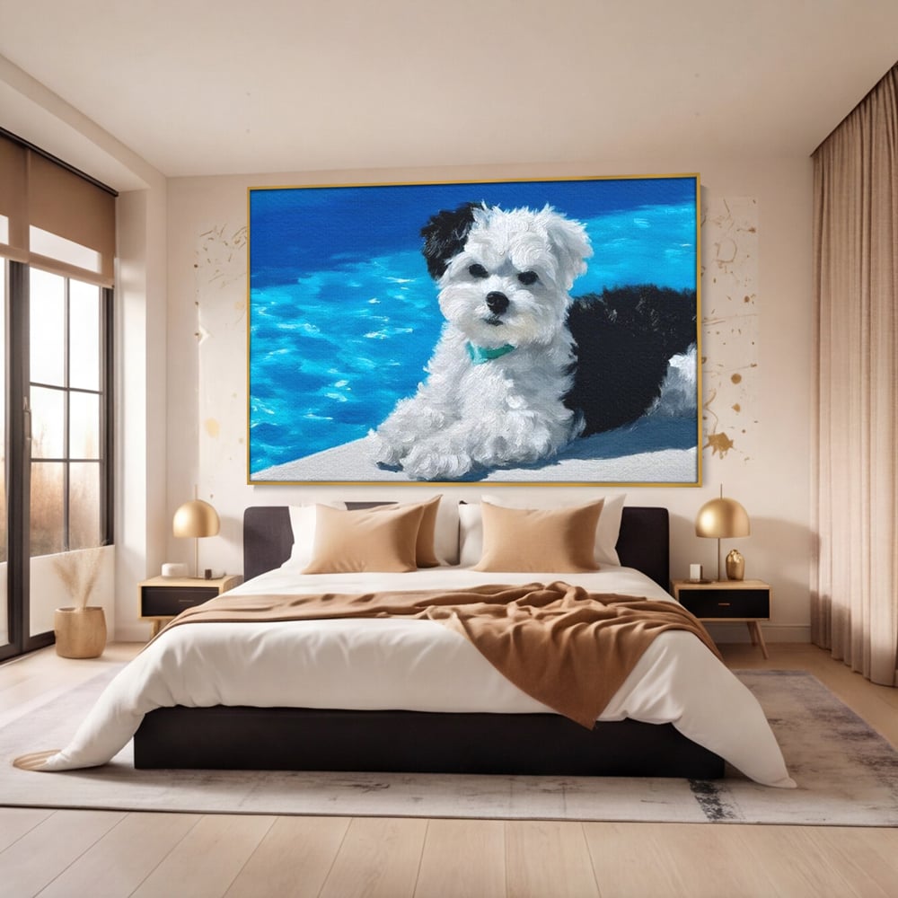 Tablou Canvas Premium, LuxCanva® M1300, Norisor Langa Apa, Bichon, Catel, Vara, Piscina, Soare, Azur, Pufos, Apa, Caldura, Adorabil, Vacanta, Birou, Living, Camera Copil