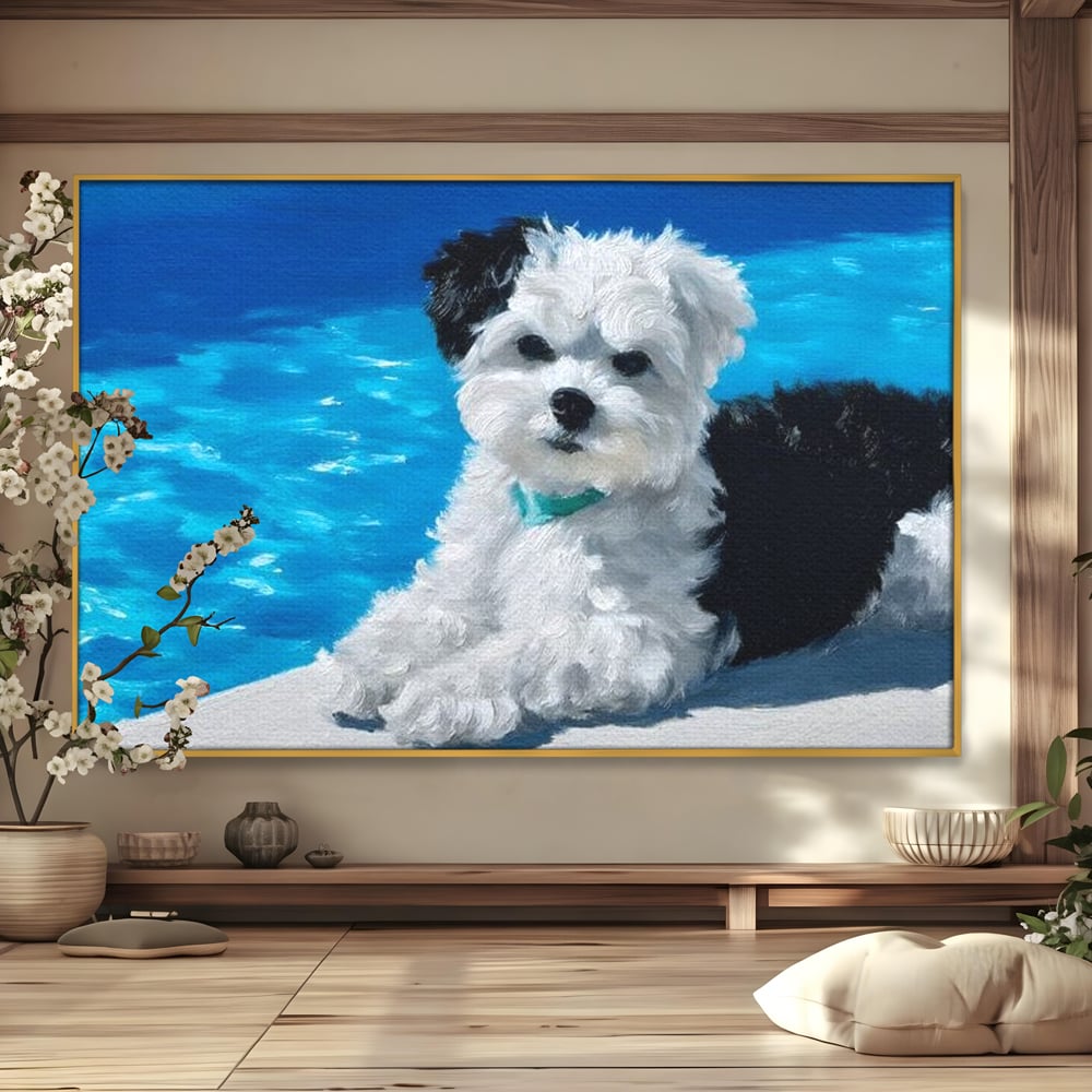 Tablou Canvas Premium, LuxCanva® M1300, Norisor Langa Apa, Bichon, Catel, Vara, Piscina, Soare, Azur, Pufos, Apa, Caldura, Adorabil, Vacanta, Birou, Living, Camera Copil