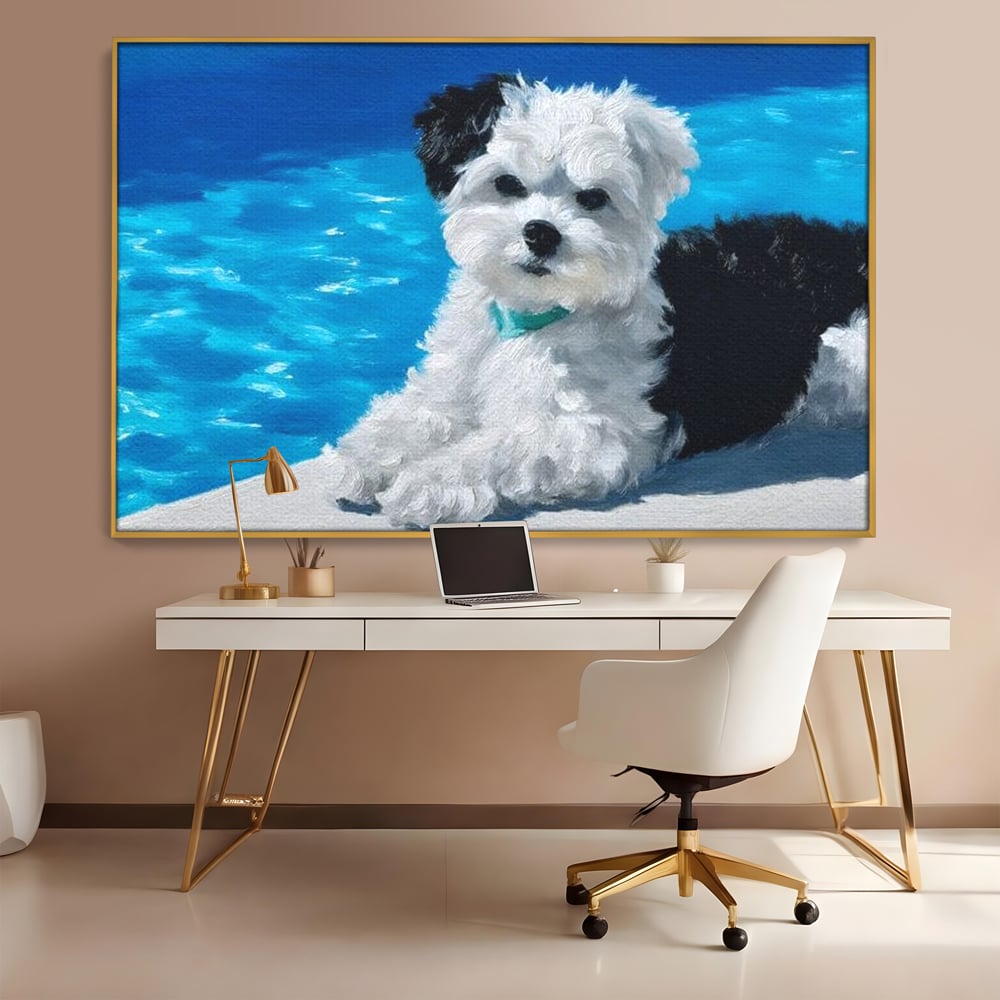 Tablou Canvas Premium, LuxCanva® M1300, Norisor Langa Apa, Bichon, Catel, Vara, Piscina, Soare, Azur, Pufos, Apa, Caldura, Adorabil, Vacanta, Birou, Living, Camera Copil