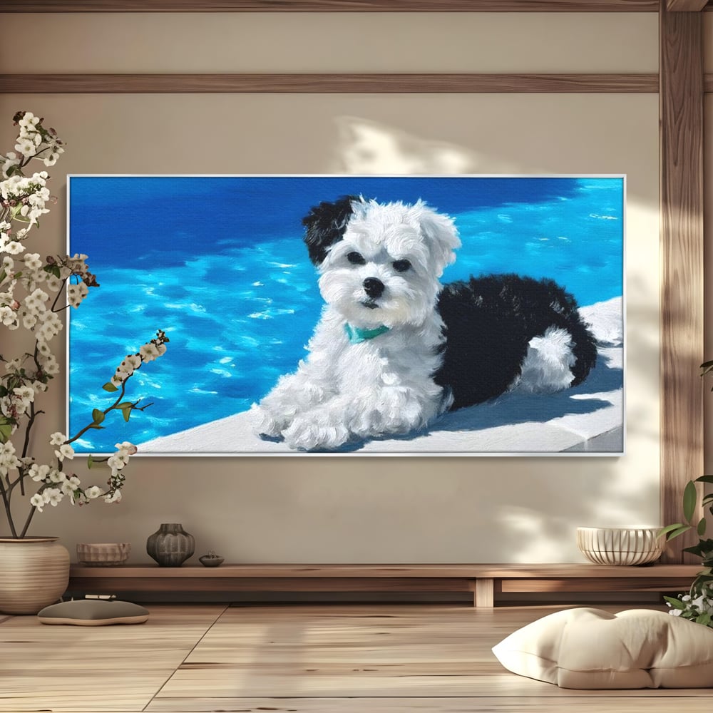 Tablou Canvas Premium, LuxCanva® M1300, Norisor Langa Apa, Bichon, Catel, Vara, Piscina, Soare, Azur, Pufos, Apa, Caldura, Adorabil, Vacanta, Birou, Living, Camera Copil