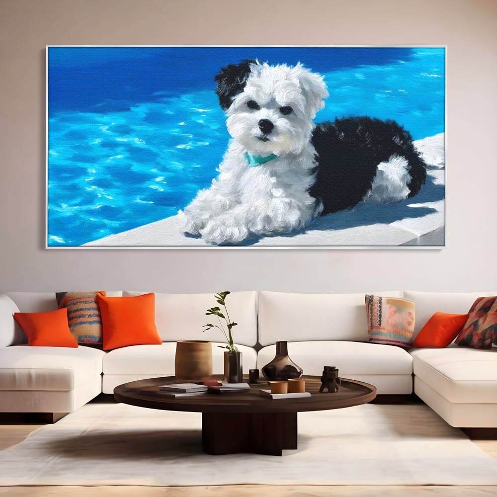 Tablou Canvas Premium, LuxCanva® M1300, Norisor Langa Apa, Bichon, Catel, Vara, Piscina, Soare, Azur, Pufos, Apa, Caldura, Adorabil, Vacanta, Birou, Living, Camera Copil