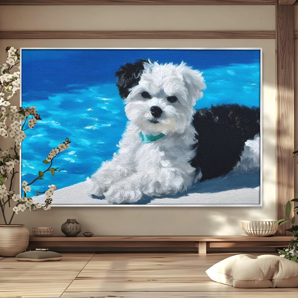 Tablou Canvas Premium, LuxCanva® M1300, Norisor Langa Apa, Bichon, Catel, Vara, Piscina, Soare, Azur, Pufos, Apa, Caldura, Adorabil, Vacanta, Birou, Living, Camera Copil