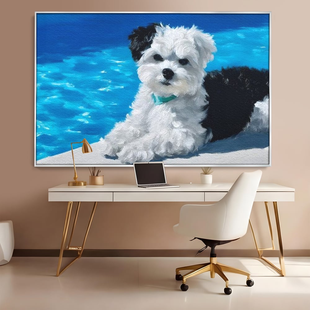 Tablou Canvas Premium, LuxCanva® M1300, Norisor Langa Apa, Bichon, Catel, Vara, Piscina, Soare, Azur, Pufos, Apa, Caldura, Adorabil, Vacanta, Birou, Living, Camera Copil