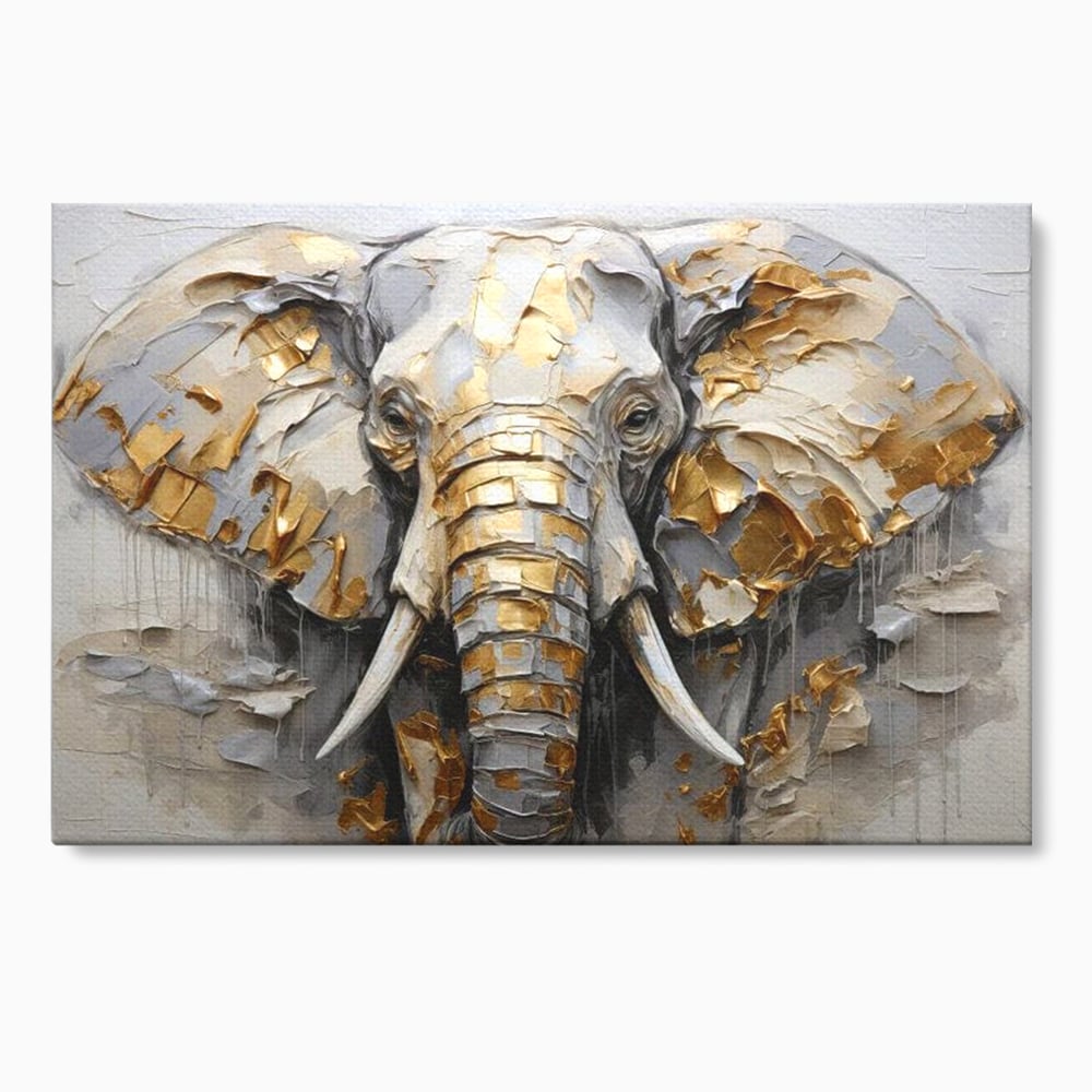 Tablou Canvas Premium, LuxCanva® M1301, Simbol Ancestral, Elefant, Savana, Auriu, Argintiu, Abstract, Animal, Texturat, Pictura, Epoca, Traditie, Birou, Living, Camera Copil