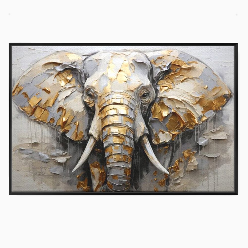Tablou Canvas Premium, LuxCanva® M1301, Simbol Ancestral, Elefant, Savana, Auriu, Argintiu, Abstract, Animal, Texturat, Pictura, Epoca, Traditie, Birou, Living, Camera Copil