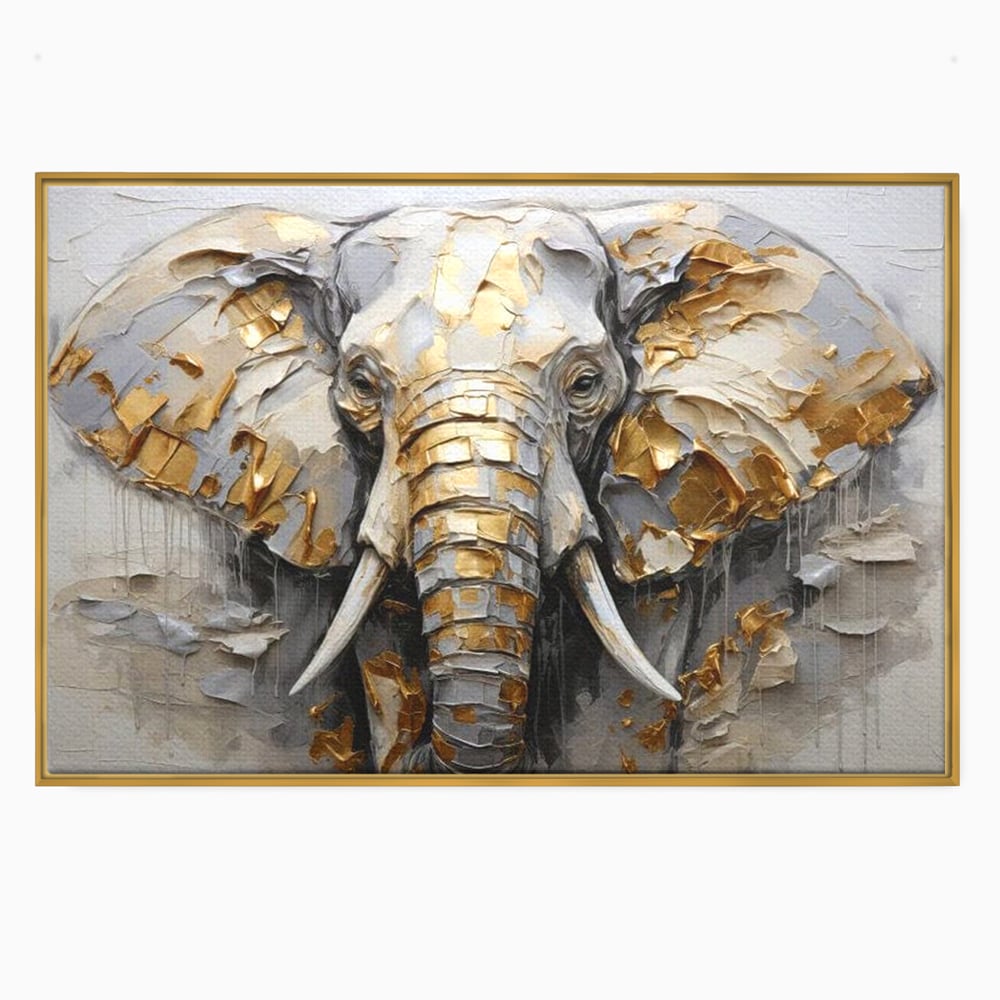 Tablou Canvas Premium, LuxCanva® M1301, Simbol Ancestral, Elefant, Savana, Auriu, Argintiu, Abstract, Animal, Texturat, Pictura, Epoca, Traditie, Birou, Living, Camera Copil
