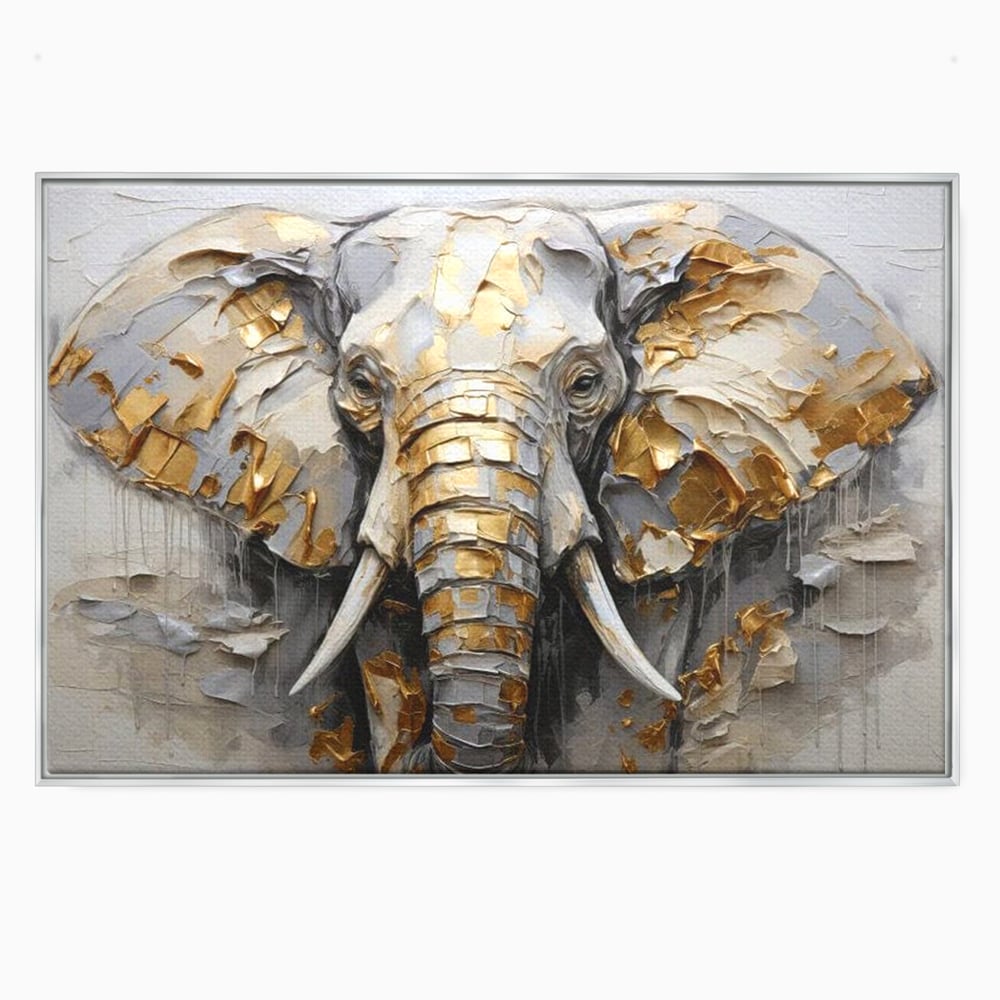 Tablou Canvas Premium, LuxCanva® M1301, Simbol Ancestral, Elefant, Savana, Auriu, Argintiu, Abstract, Animal, Texturat, Pictura, Epoca, Traditie, Birou, Living, Camera Copil