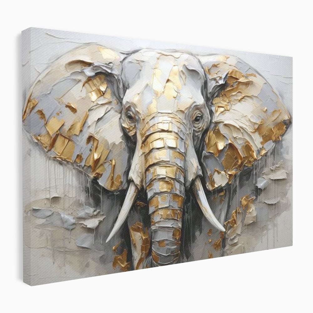 Tablou Canvas Premium, LuxCanva® M1301, Simbol Ancestral, Elefant, Savana, Auriu, Argintiu, Abstract, Animal, Texturat, Pictura, Epoca, Traditie, Birou, Living, Camera Copil