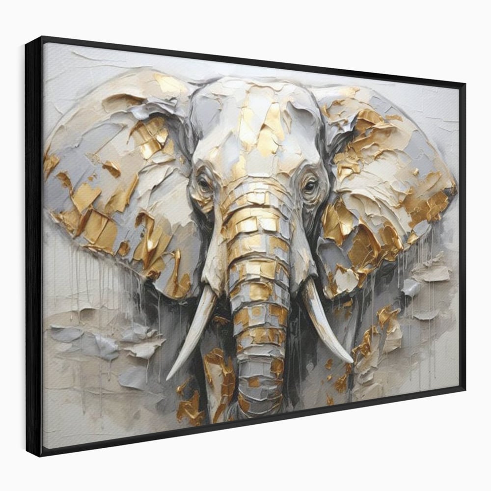 Tablou Canvas Premium, LuxCanva® M1301, Simbol Ancestral, Elefant, Savana, Auriu, Argintiu, Abstract, Animal, Texturat, Pictura, Epoca, Traditie, Birou, Living, Camera Copil