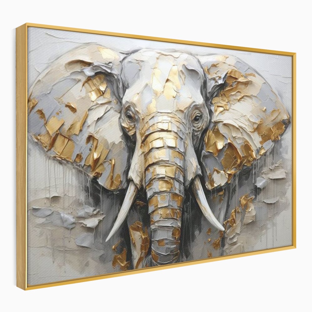 Tablou Canvas Premium, LuxCanva® M1301, Simbol Ancestral, Elefant, Savana, Auriu, Argintiu, Abstract, Animal, Texturat, Pictura, Epoca, Traditie, Birou, Living, Camera Copil