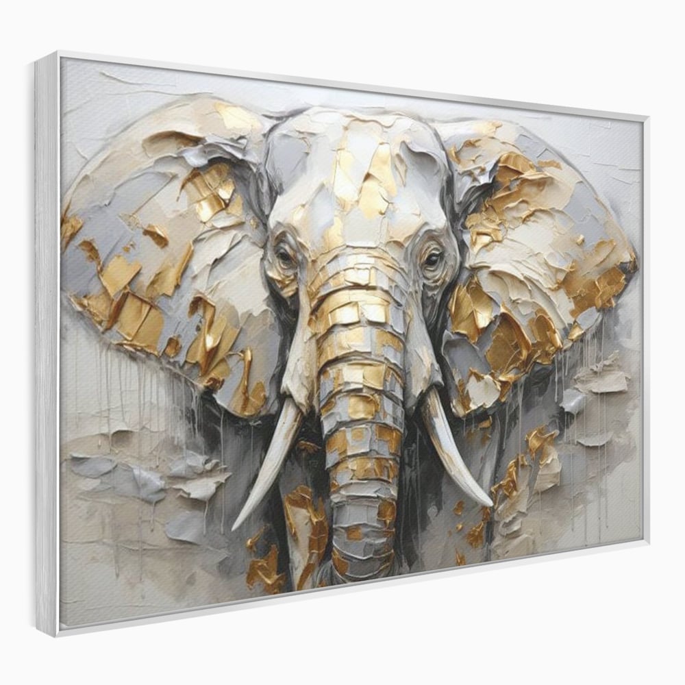 Tablou Canvas Premium, LuxCanva® M1301, Simbol Ancestral, Elefant, Savana, Auriu, Argintiu, Abstract, Animal, Texturat, Pictura, Epoca, Traditie, Birou, Living, Camera Copil