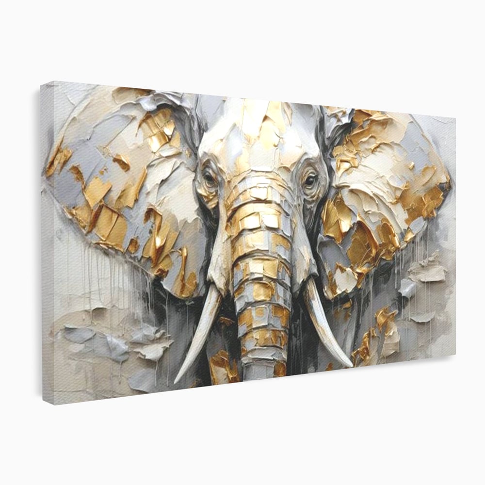 Tablou Canvas Premium, LuxCanva® M1301, Simbol Ancestral, Elefant, Savana, Auriu, Argintiu, Abstract, Animal, Texturat, Pictura, Epoca, Traditie, Birou, Living, Camera Copil