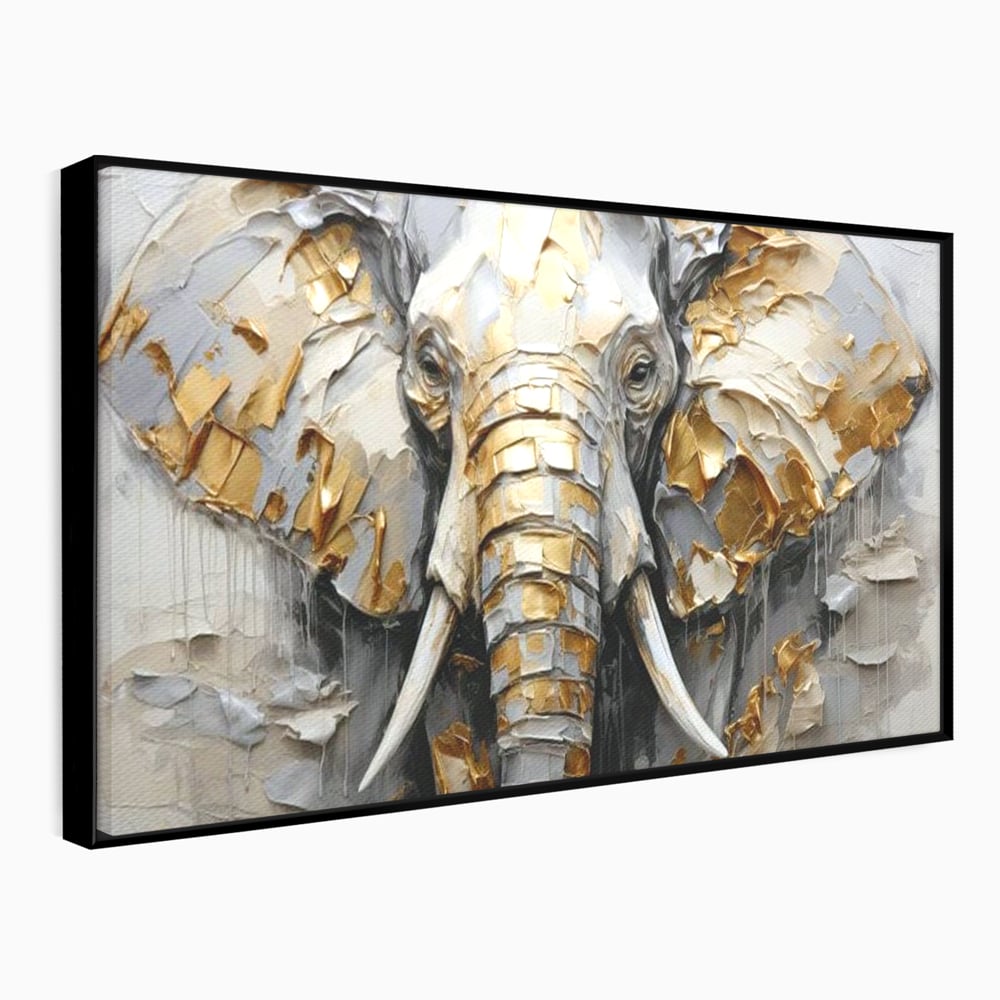 Tablou Canvas Premium, LuxCanva® M1301, Simbol Ancestral, Elefant, Savana, Auriu, Argintiu, Abstract, Animal, Texturat, Pictura, Epoca, Traditie, Birou, Living, Camera Copil