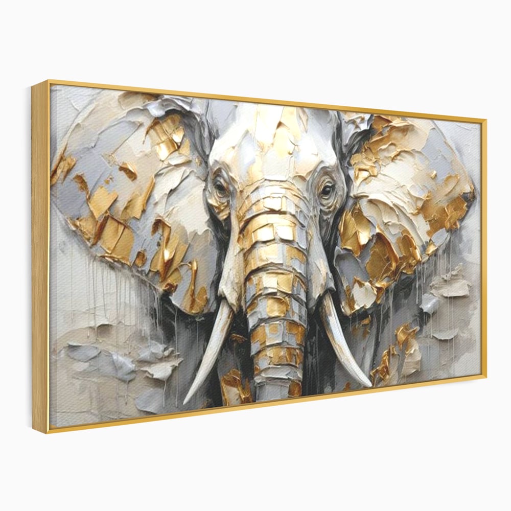 Tablou Canvas Premium, LuxCanva® M1301, Simbol Ancestral, Elefant, Savana, Auriu, Argintiu, Abstract, Animal, Texturat, Pictura, Epoca, Traditie, Birou, Living, Camera Copil