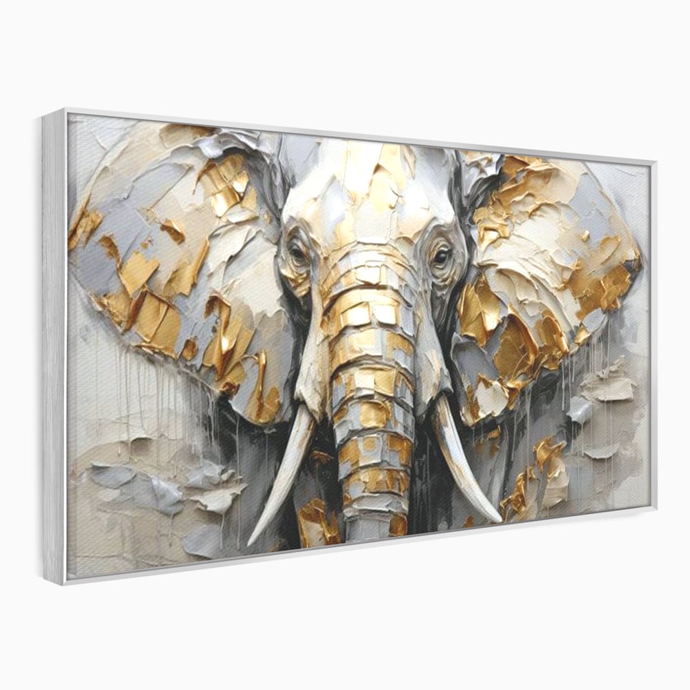 Tablou Canvas Premium, LuxCanva® M1301, Simbol Ancestral, Elefant, Savana, Auriu, Argintiu, Abstract, Animal, Texturat, Pictura, Epoca, Traditie, Birou, Living, Camera Copil