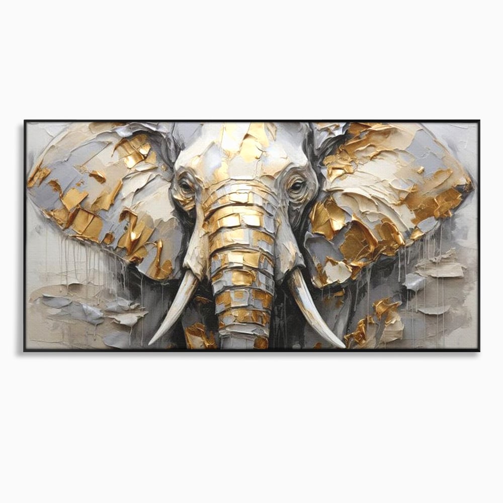 Tablou Canvas Premium, LuxCanva® M1301, Simbol Ancestral, Elefant, Savana, Auriu, Argintiu, Abstract, Animal, Texturat, Pictura, Epoca, Traditie, Birou, Living, Camera Copil