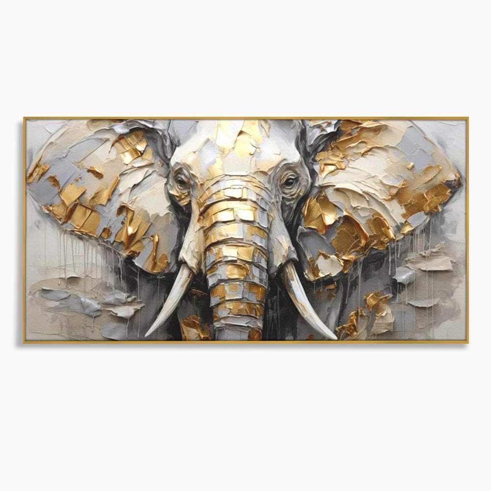 Tablou Canvas Premium, LuxCanva® M1301, Simbol Ancestral, Elefant, Savana, Auriu, Argintiu, Abstract, Animal, Texturat, Pictura, Epoca, Traditie, Birou, Living, Camera Copil