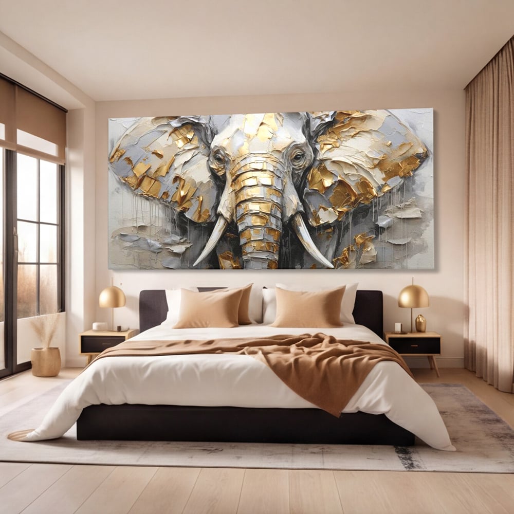 Tablou Canvas Premium, LuxCanva® M1301, Simbol Ancestral, Elefant, Savana, Auriu, Argintiu, Abstract, Animal, Texturat, Pictura, Epoca, Traditie, Birou, Living, Camera Copil