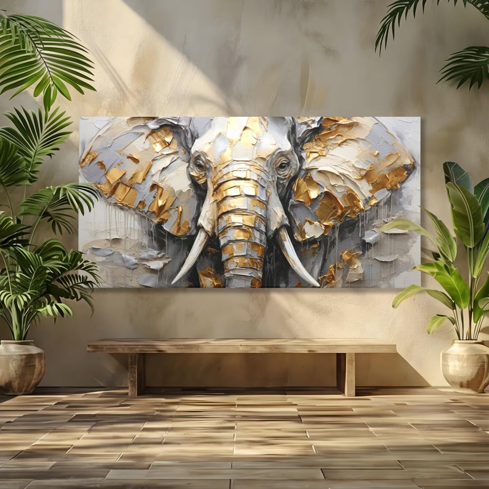 Tablou Canvas Premium, LuxCanva® M1301, Simbol Ancestral, Elefant, Savana, Auriu, Argintiu, Abstract, Animal, Texturat, Pictura, Epoca, Traditie, Birou, Living, Camera Copil