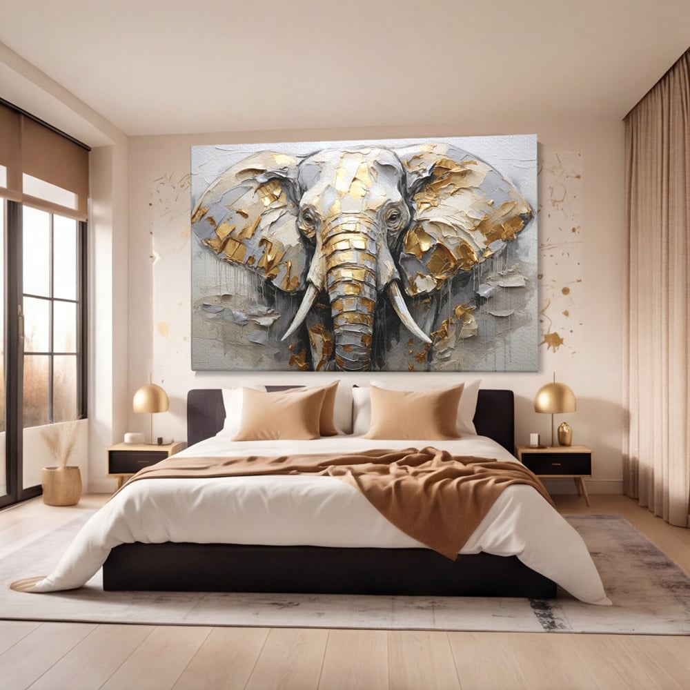Tablou Canvas Premium, LuxCanva® M1301, Simbol Ancestral, Elefant, Savana, Auriu, Argintiu, Abstract, Animal, Texturat, Pictura, Epoca, Traditie, Birou, Living, Camera Copil