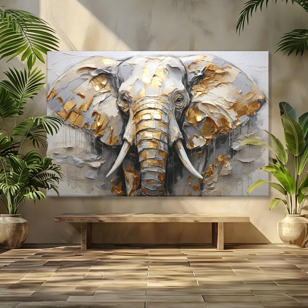 Tablou Canvas Premium, LuxCanva® M1301, Simbol Ancestral, Elefant, Savana, Auriu, Argintiu, Abstract, Animal, Texturat, Pictura, Epoca, Traditie, Birou, Living, Camera Copil