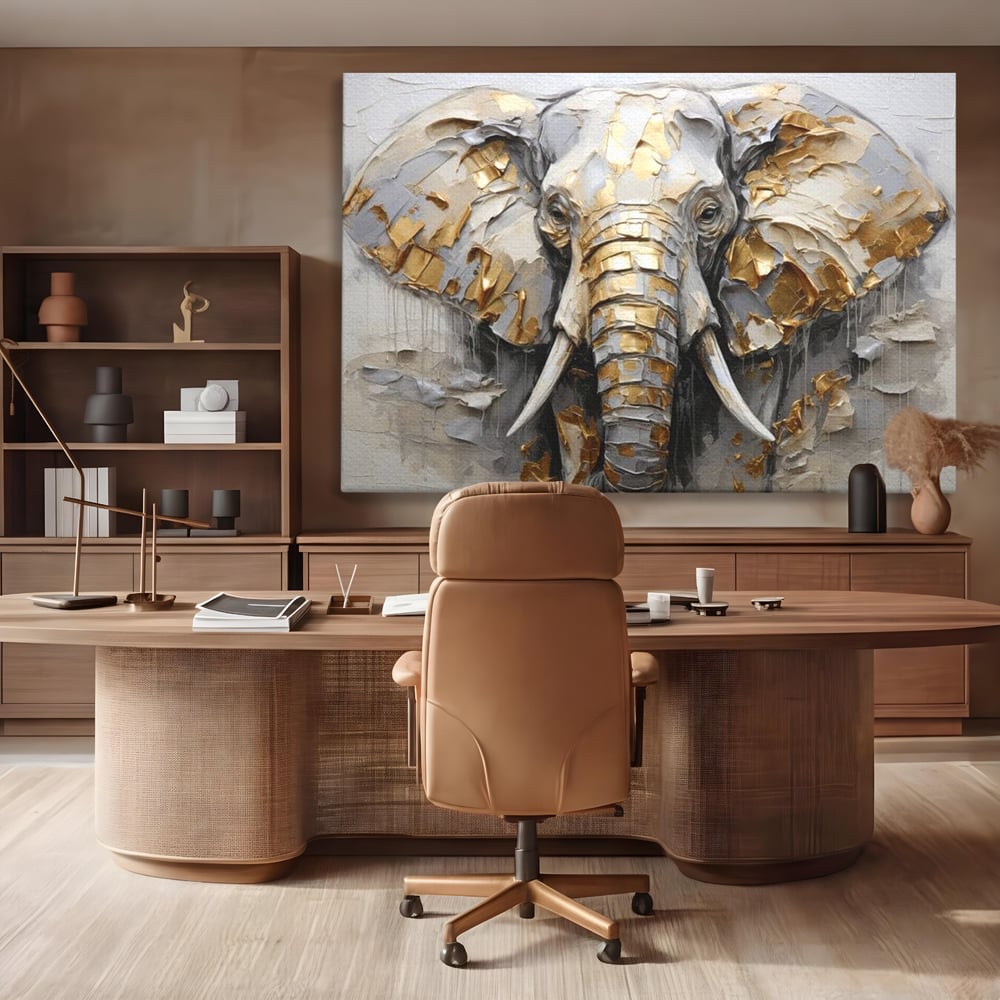 Tablou Canvas Premium, LuxCanva® M1301, Simbol Ancestral, Elefant, Savana, Auriu, Argintiu, Abstract, Animal, Texturat, Pictura, Epoca, Traditie, Birou, Living, Camera Copil