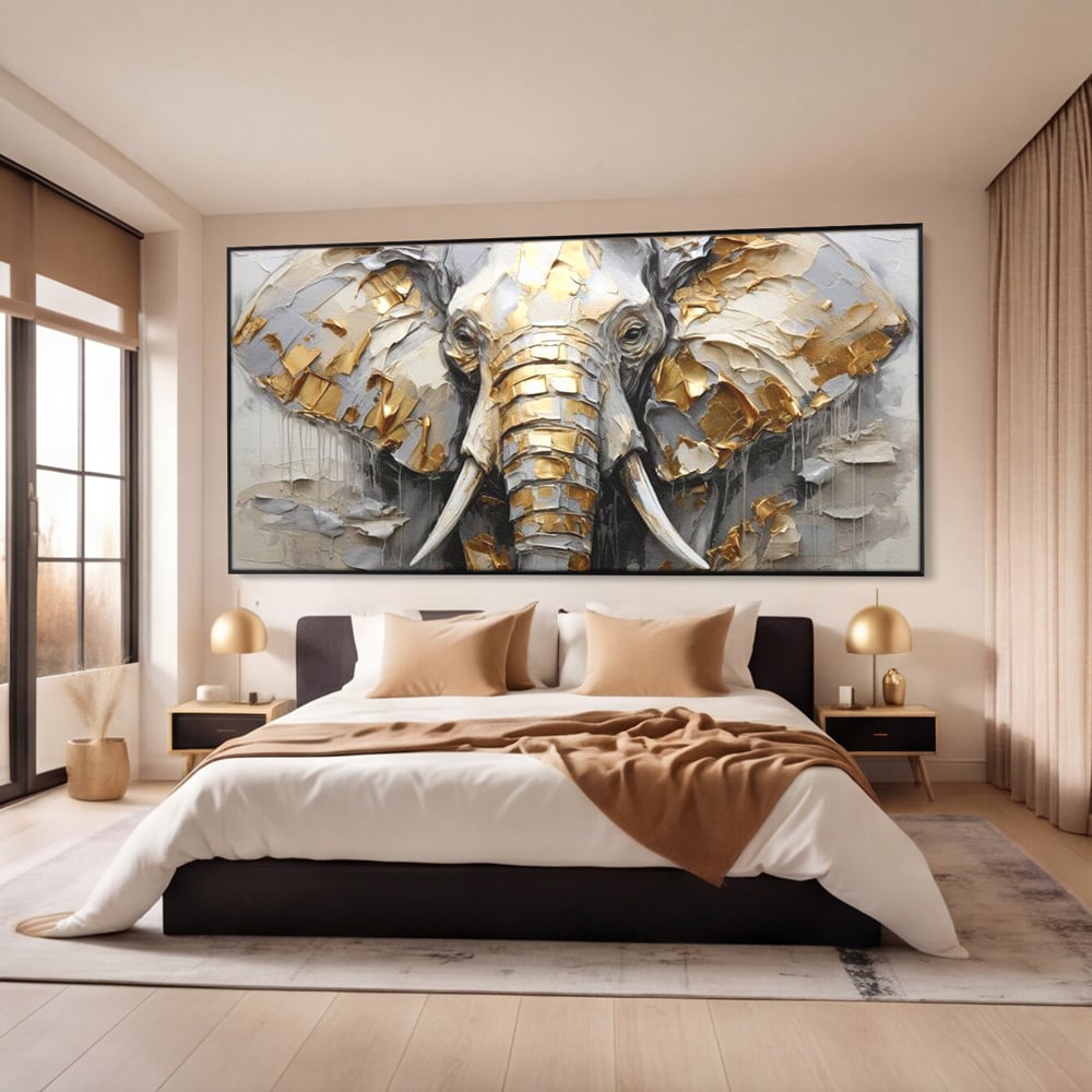 Tablou Canvas Premium, LuxCanva® M1301, Simbol Ancestral, Elefant, Savana, Auriu, Argintiu, Abstract, Animal, Texturat, Pictura, Epoca, Traditie, Birou, Living, Camera Copil
