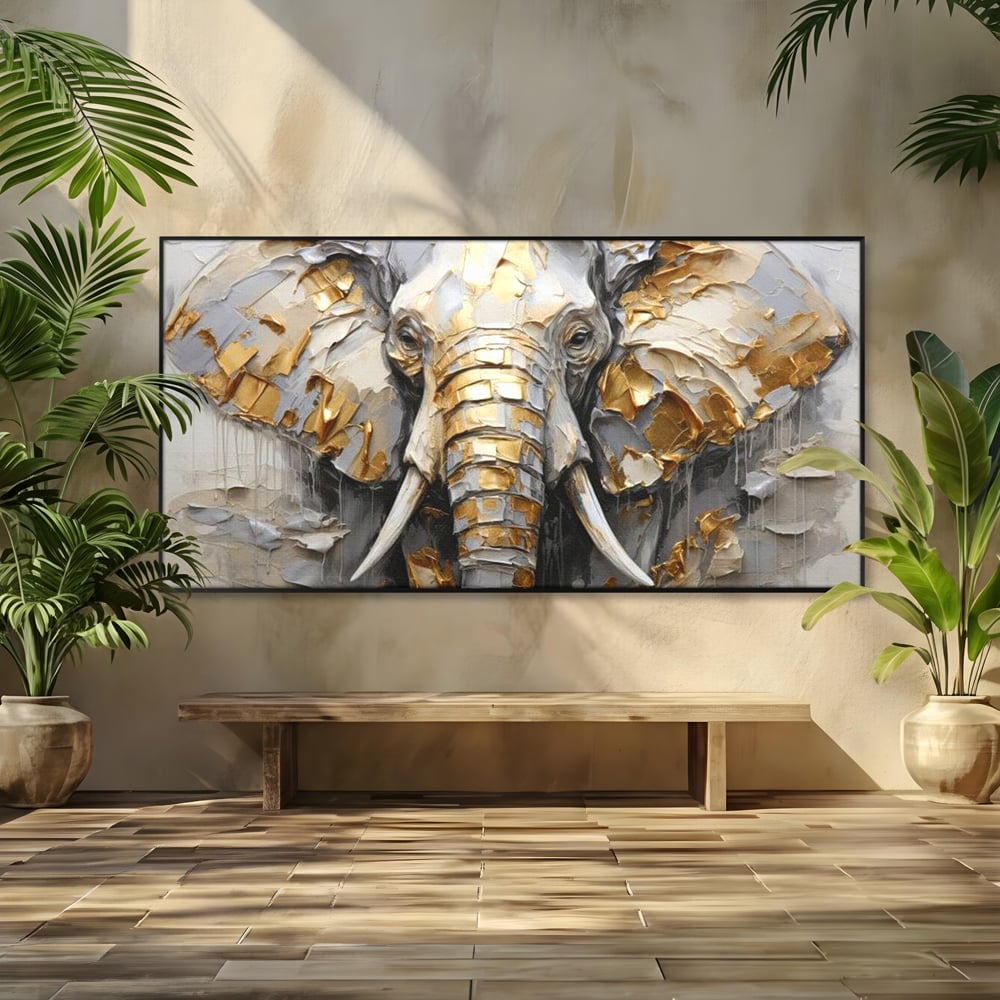 Tablou Canvas Premium, LuxCanva® M1301, Simbol Ancestral, Elefant, Savana, Auriu, Argintiu, Abstract, Animal, Texturat, Pictura, Epoca, Traditie, Birou, Living, Camera Copil