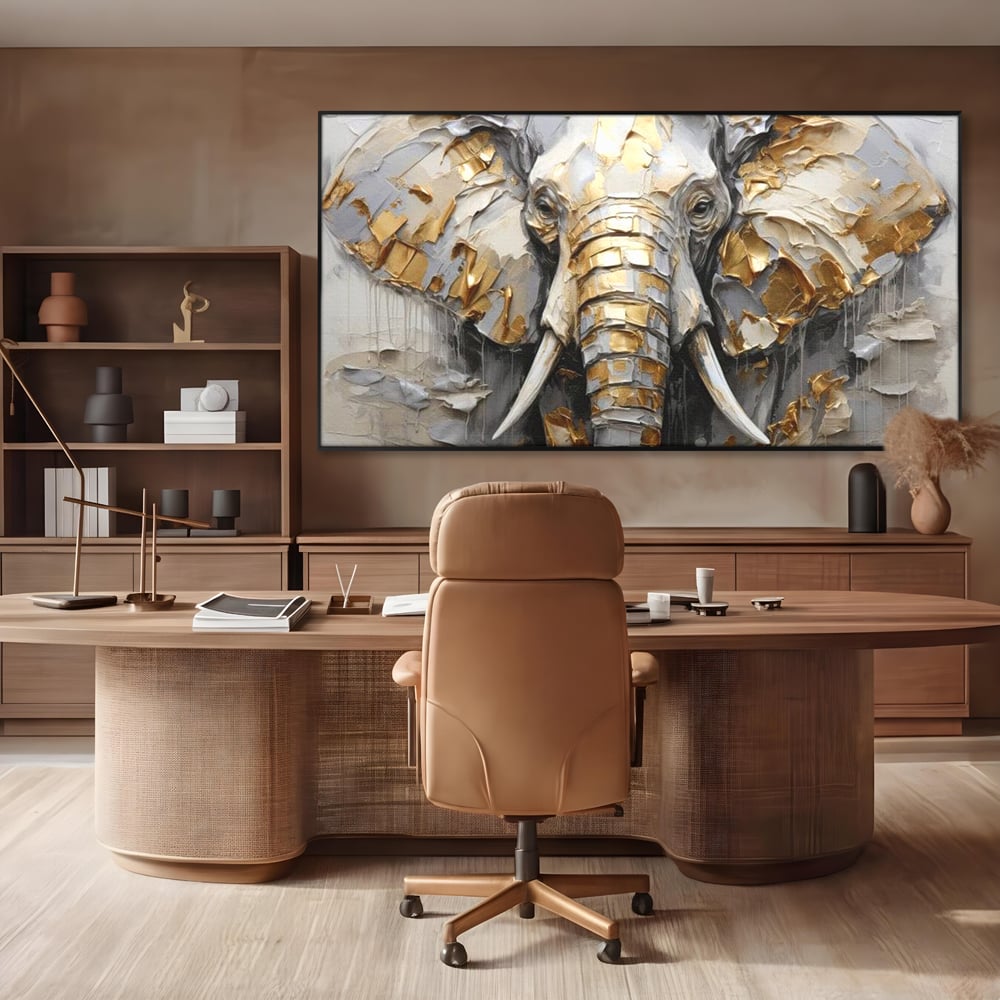 Tablou Canvas Premium, LuxCanva® M1301, Simbol Ancestral, Elefant, Savana, Auriu, Argintiu, Abstract, Animal, Texturat, Pictura, Epoca, Traditie, Birou, Living, Camera Copil