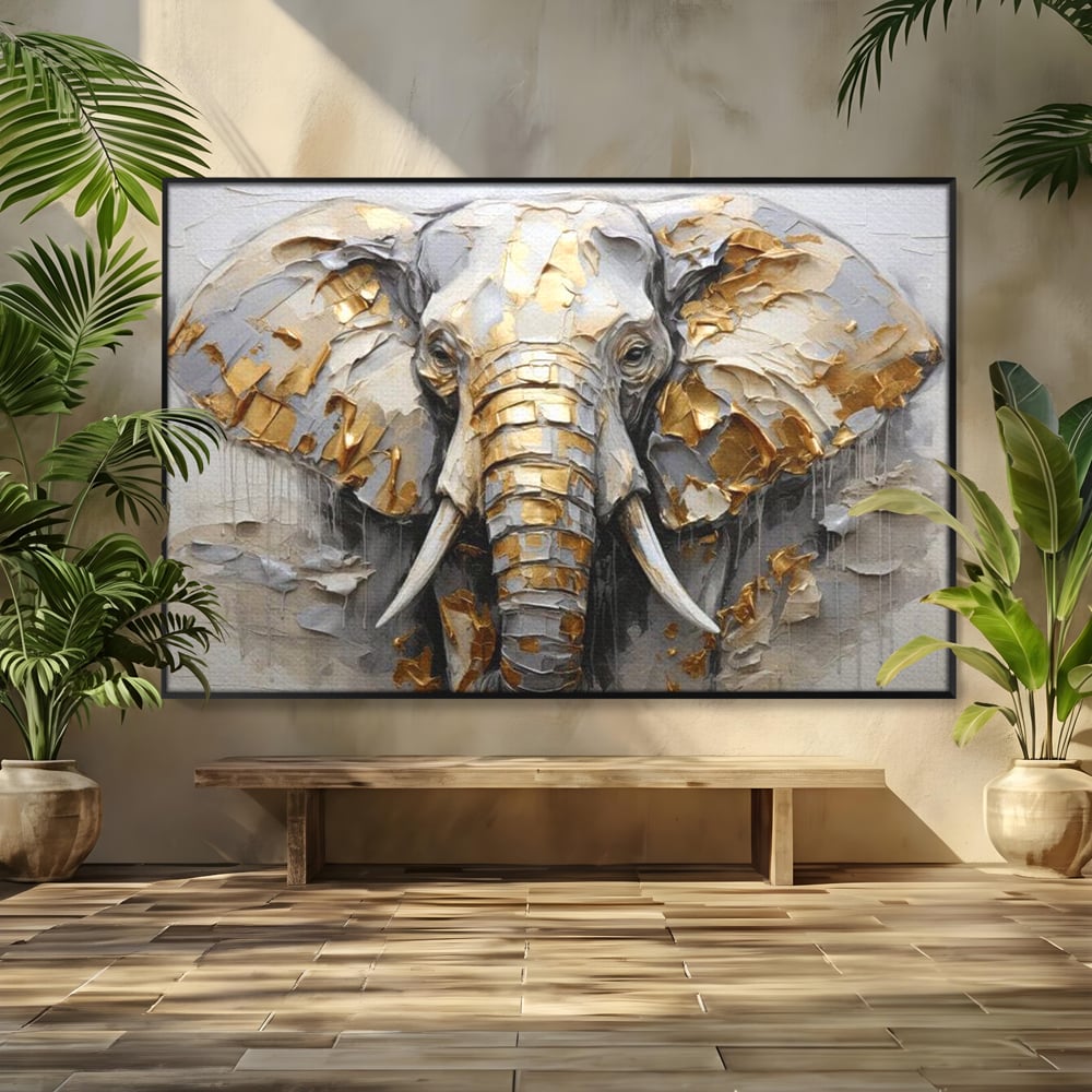 Tablou Canvas Premium, LuxCanva® M1301, Simbol Ancestral, Elefant, Savana, Auriu, Argintiu, Abstract, Animal, Texturat, Pictura, Epoca, Traditie, Birou, Living, Camera Copil