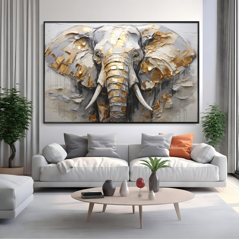 Tablou Canvas Premium, LuxCanva® M1301, Simbol Ancestral, Elefant, Savana, Auriu, Argintiu, Abstract, Animal, Texturat, Pictura, Epoca, Traditie, Birou, Living, Camera Copil