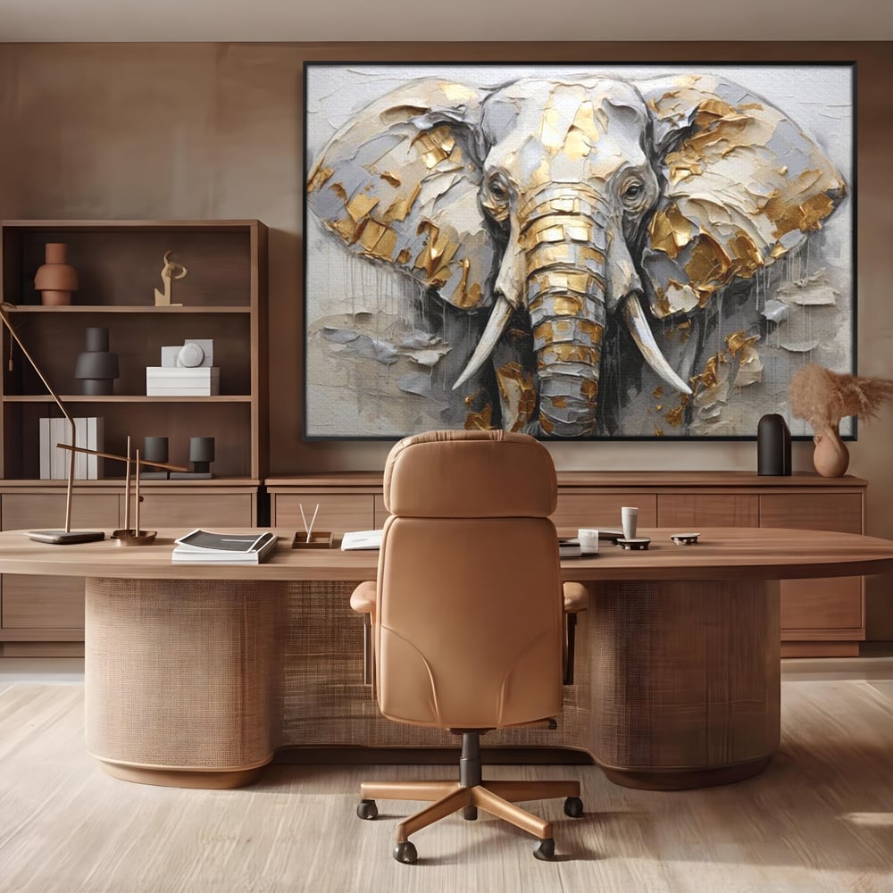 Tablou Canvas Premium, LuxCanva® M1301, Simbol Ancestral, Elefant, Savana, Auriu, Argintiu, Abstract, Animal, Texturat, Pictura, Epoca, Traditie, Birou, Living, Camera Copil